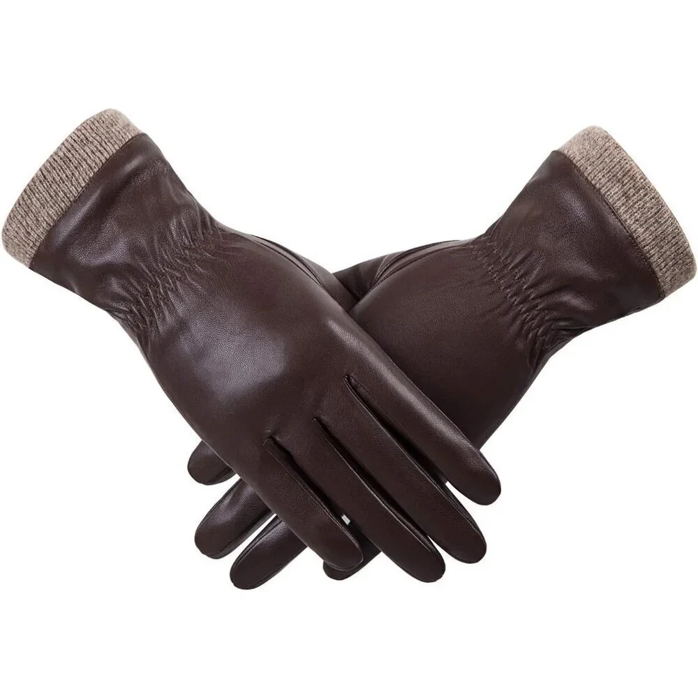 Women's Brown Winter Leather Gloves Wool Fleece Lined Thermal Touchscreen